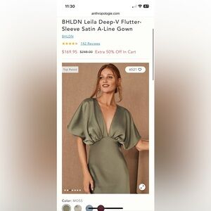 BHLDN Leila Deep-V Flutter-Sleeve Satin A-Line Gown